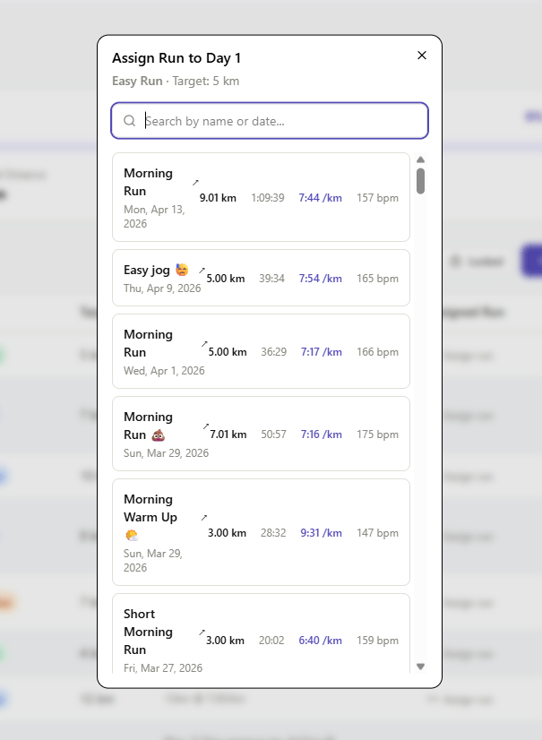 Assign Run modal — one click to link a Strava run to a training day