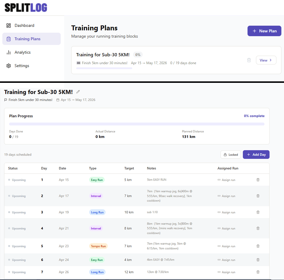 Training Plan Manager with progress tracking
